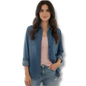 Buckle Daytrip Top Blue 100 Cotton Chambray Button Up Shirt Small